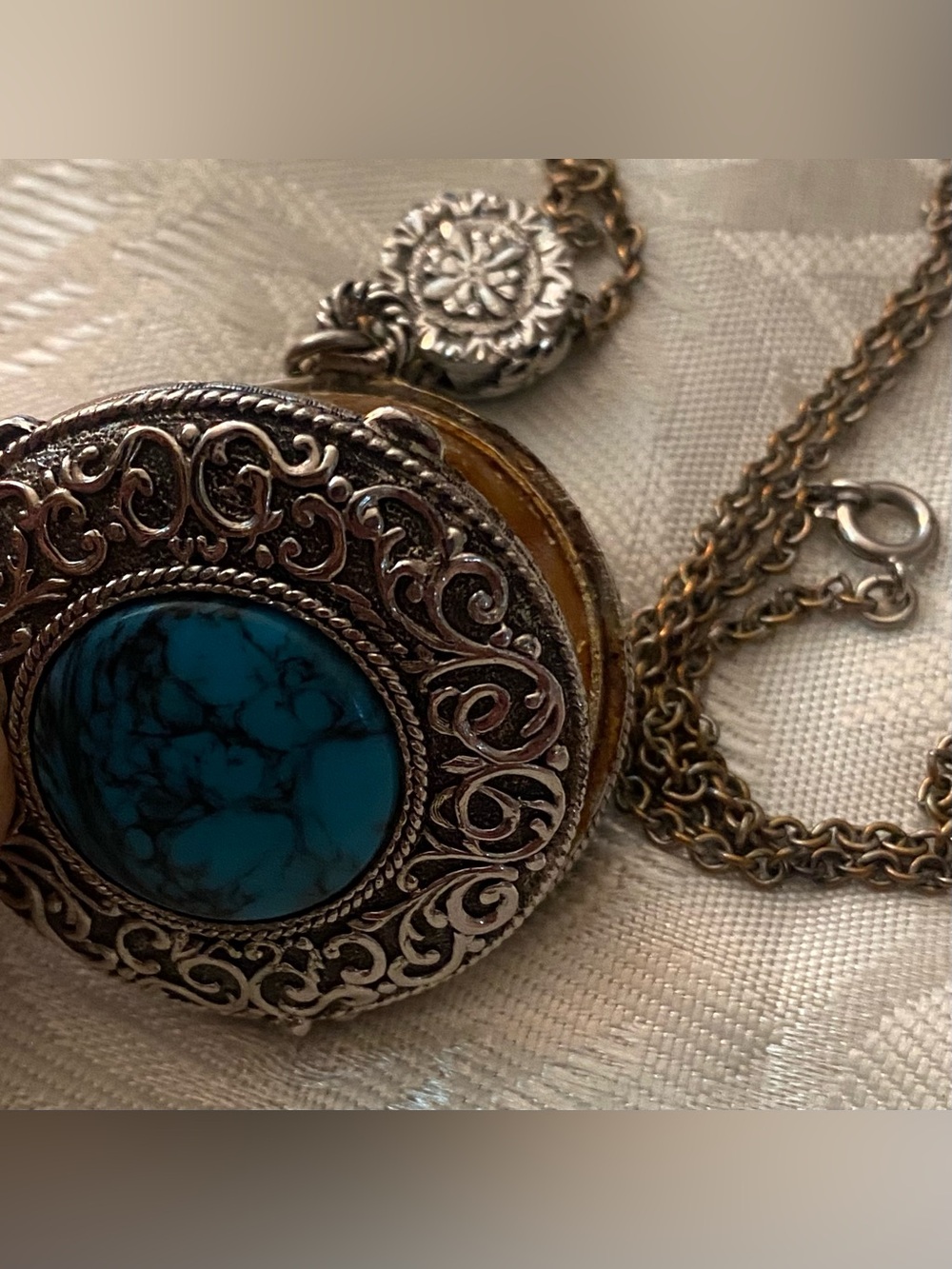 Vtg Max Factor Necklace Solid Perfume Locket Silver Turquoise Stone Hypnotique